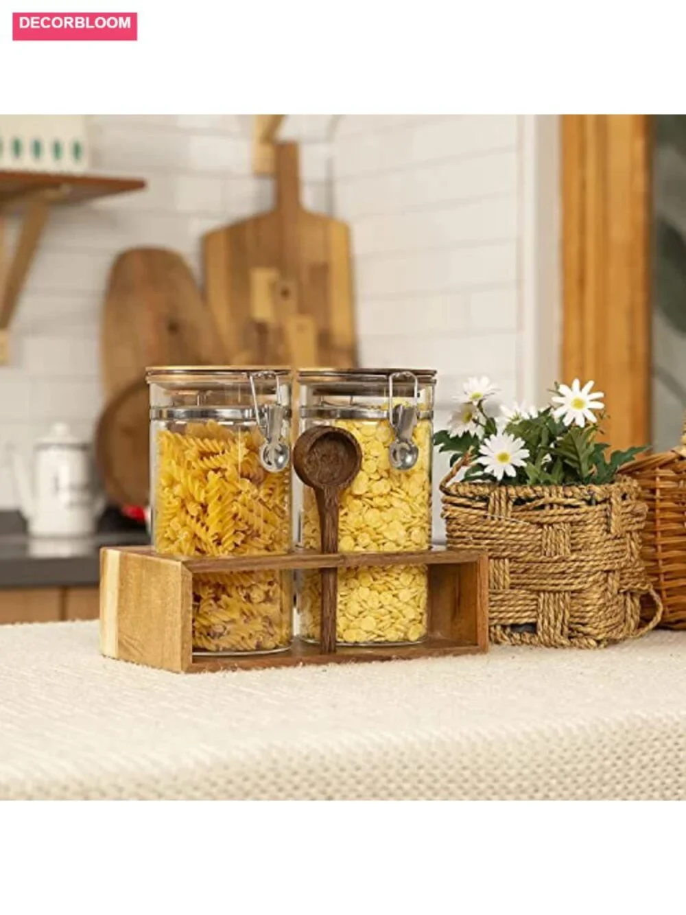 Glass Coffee Canister Set with Wooden Shelf, Airtight Lids, 2x45oz